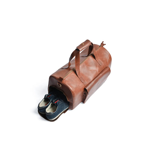 Light Brown Full-Grain Pull-Up Leather Duffel Weekender Travel Bag with Shoe Compartment and Adjustable Strap
