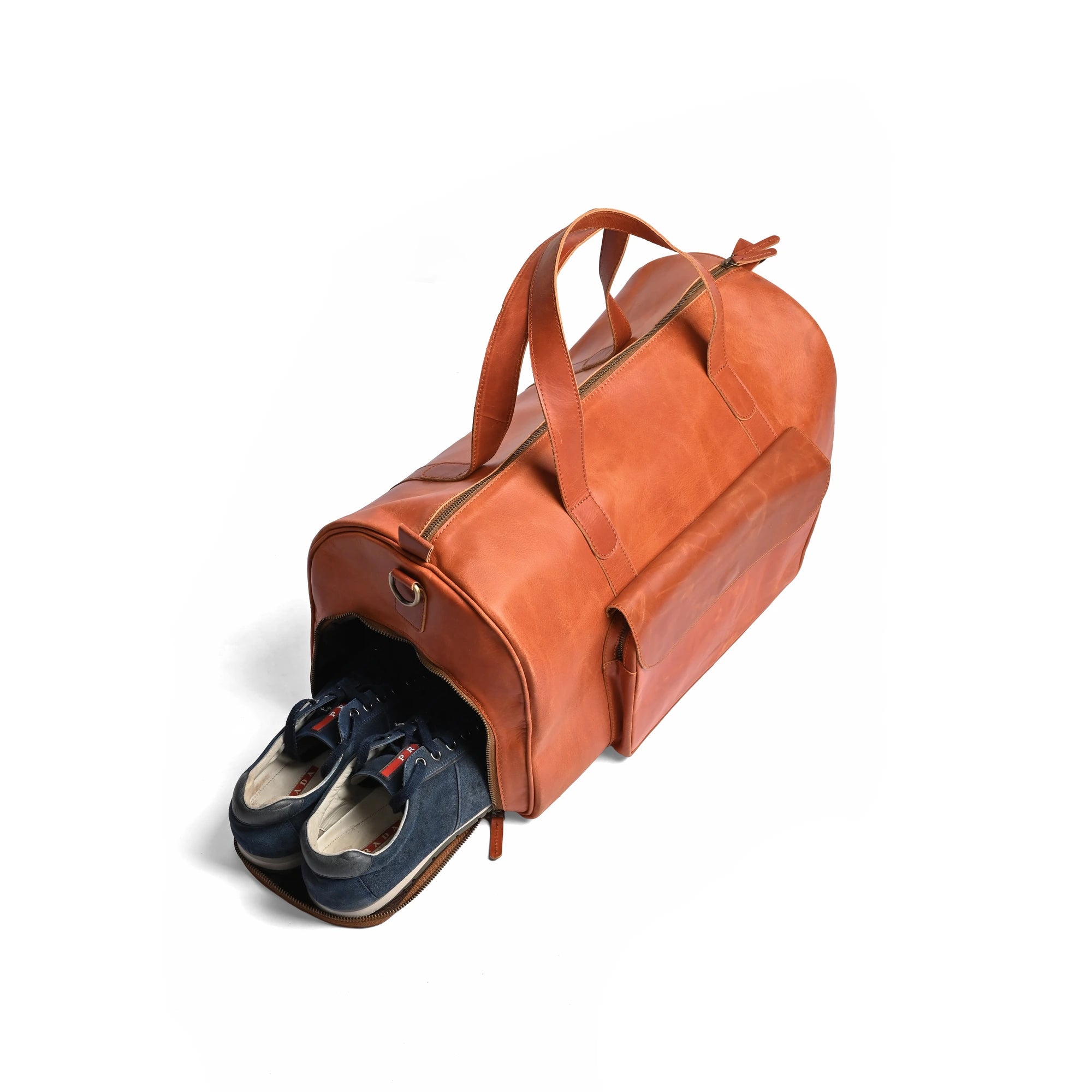 Premium Pull-Up Tan Leather Duffel Weekender Travel Bag