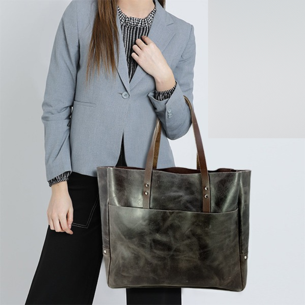 Dark Brown Leather Carryall Tote Bag | Full-Grain Cowhide Textured Leather