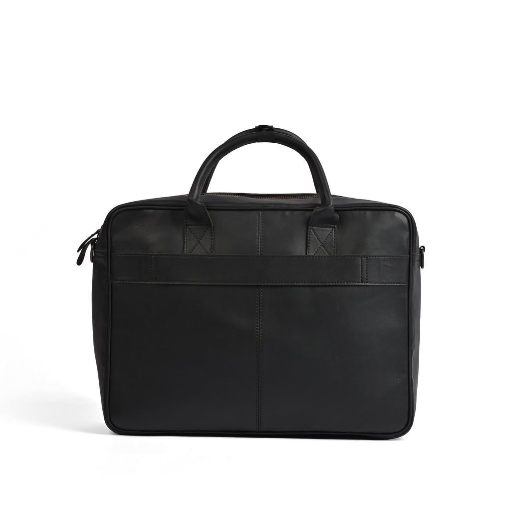 Black leather laptop bag in premium cowhide, fits 14, 15 and 16 inch laptops, elegant professional design