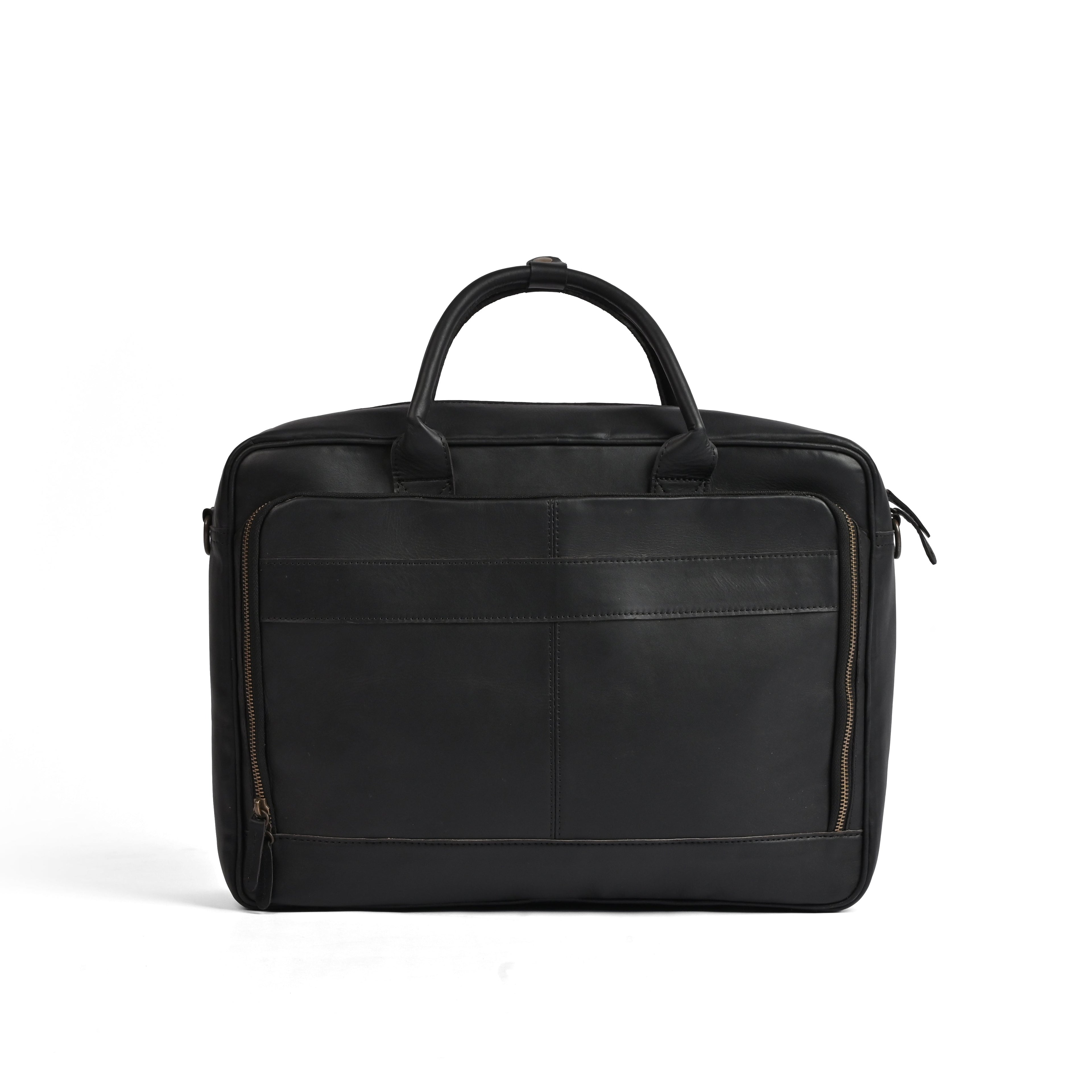 Black leather laptop bag in premium cowhide, fits 14, 15 and 16 inch laptops, elegant professional design