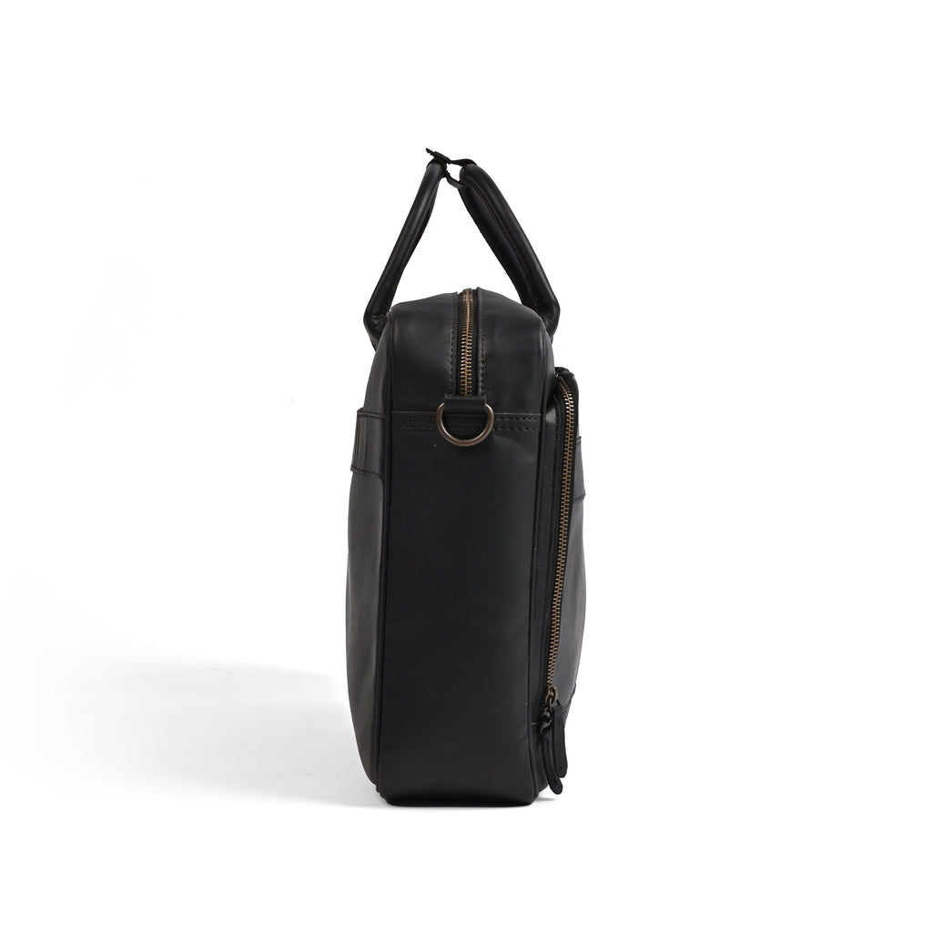 Black leather laptop bag in premium cowhide, fits 14, 15 and 16 inch laptops, elegant professional design