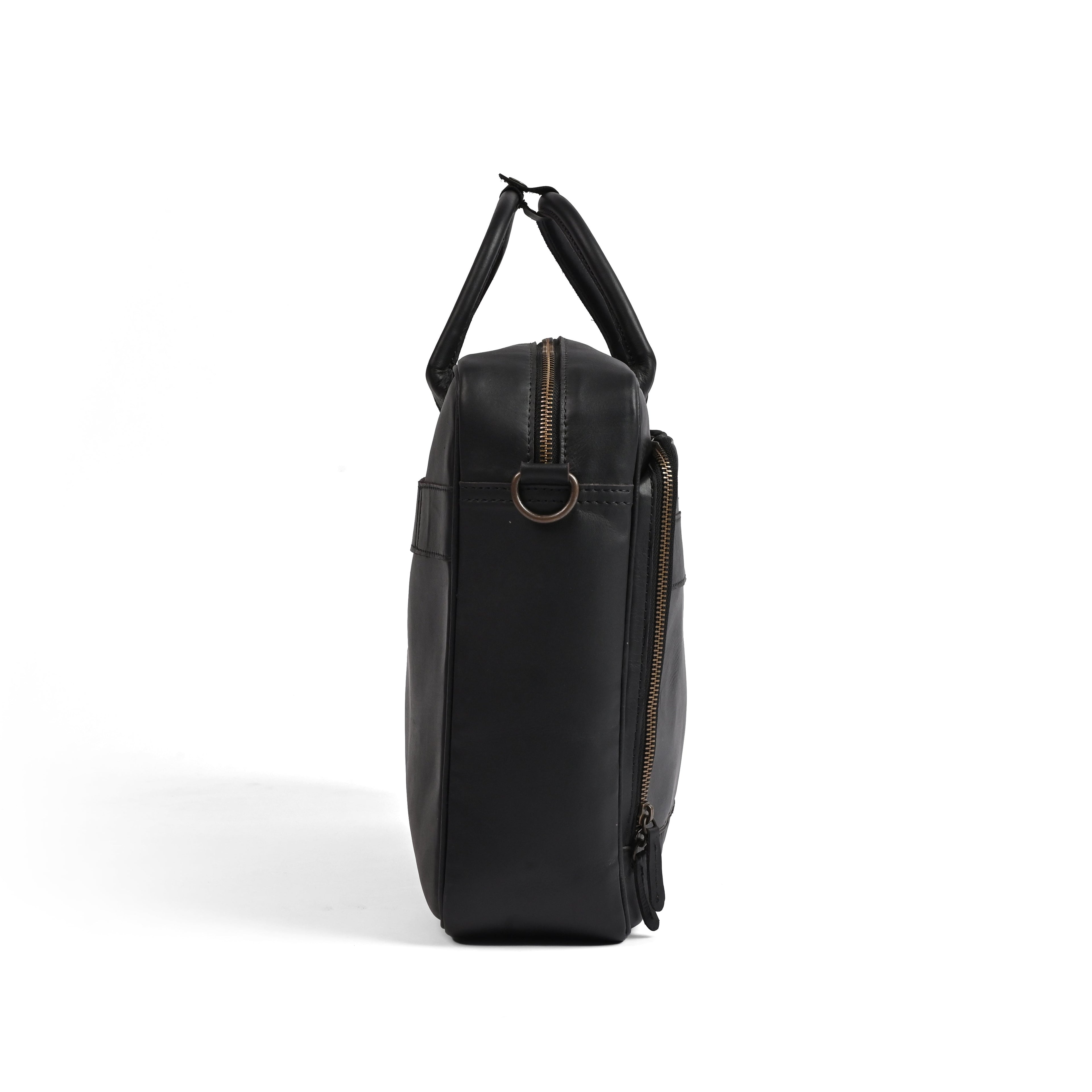 Black leather laptop bag in premium cowhide, fits 14, 15 and 16 inch laptops, elegant professional design