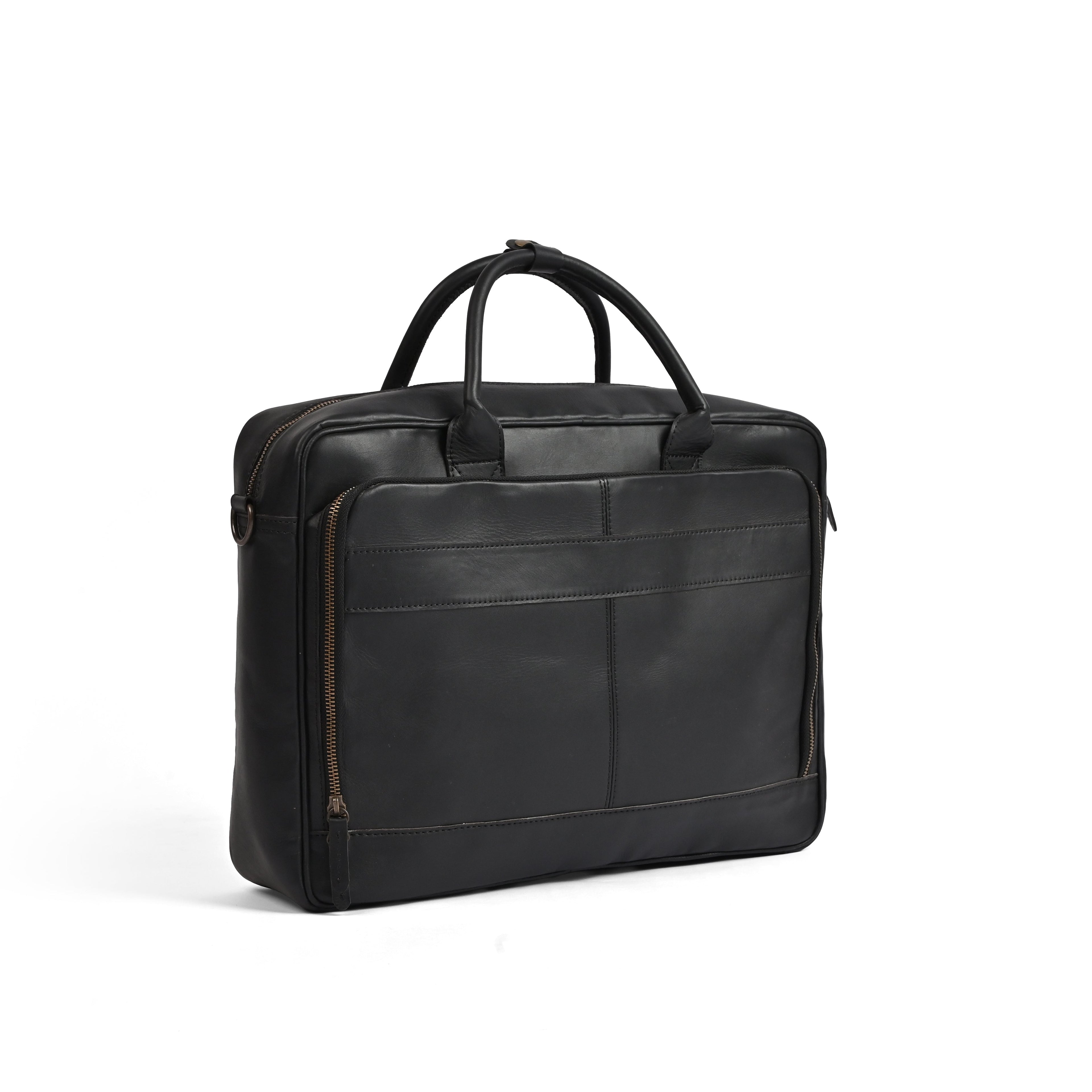 Black leather laptop bag in premium cowhide, fits 14, 15 and 16 inch laptops, elegant professional design