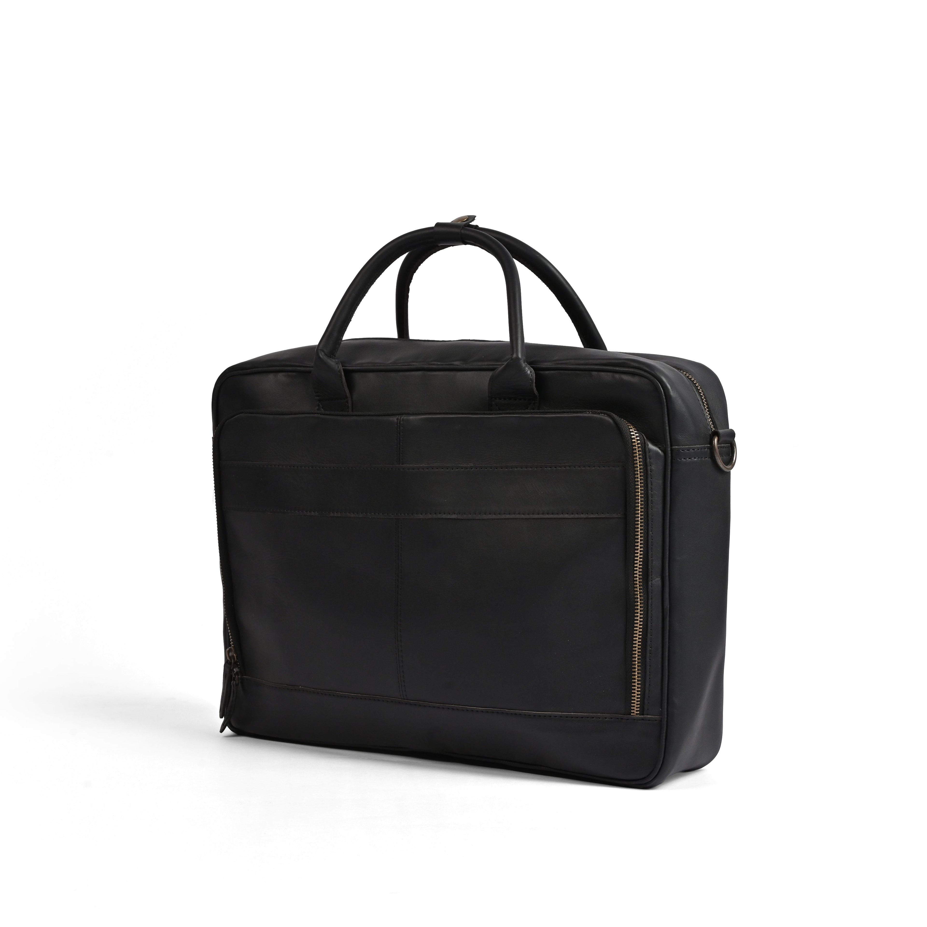 Black leather laptop bag in premium cowhide, fits 14, 15 and 16 inch laptops, elegant professional design