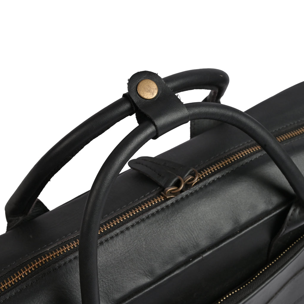 Black leather briefcase laptop bag in premium cowhide, fits 14, 15 and 16 inch laptops, elegant professional design