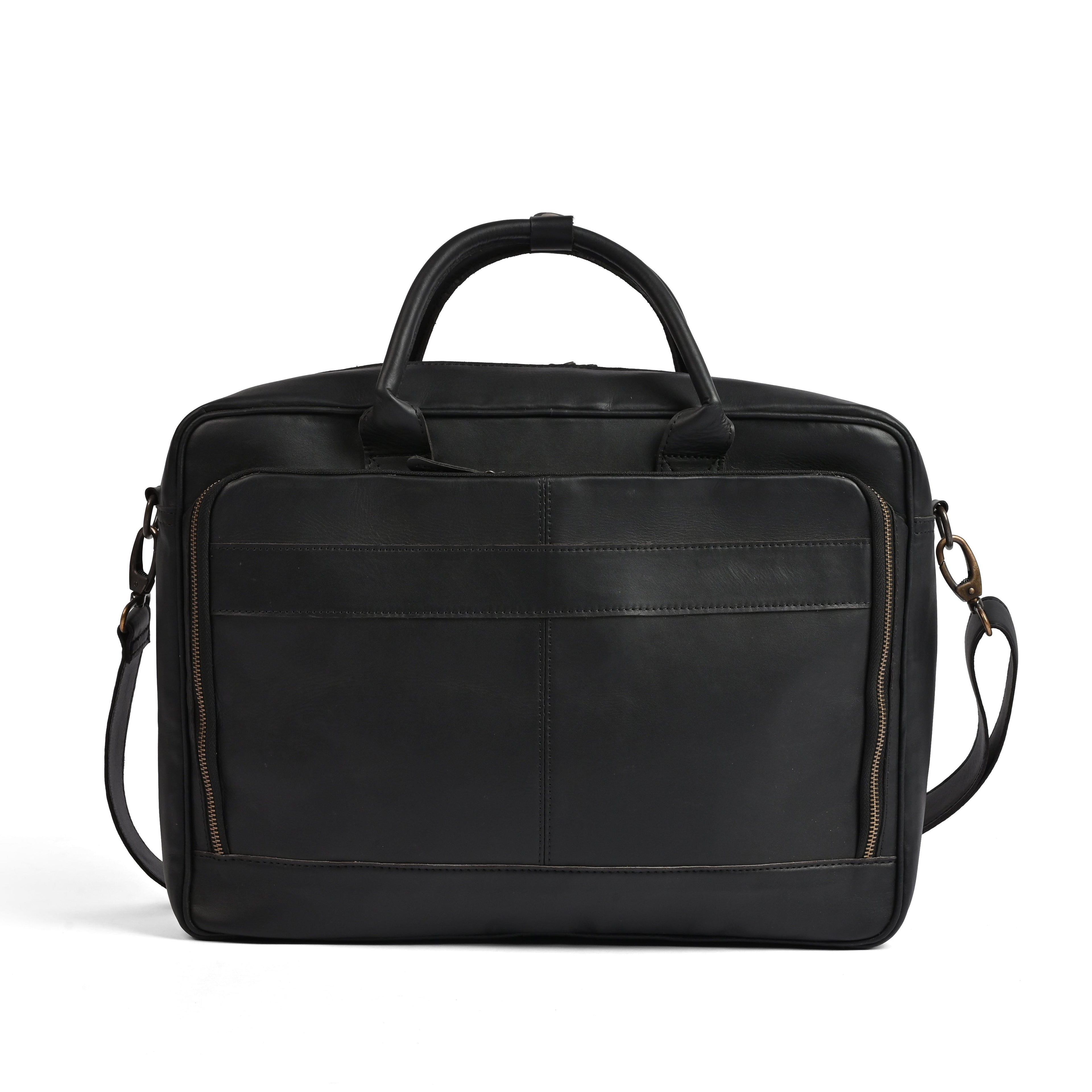 Black leather laptop bag in premium cowhide, fits 14, 15 and 16 inch laptops, elegant professional design
