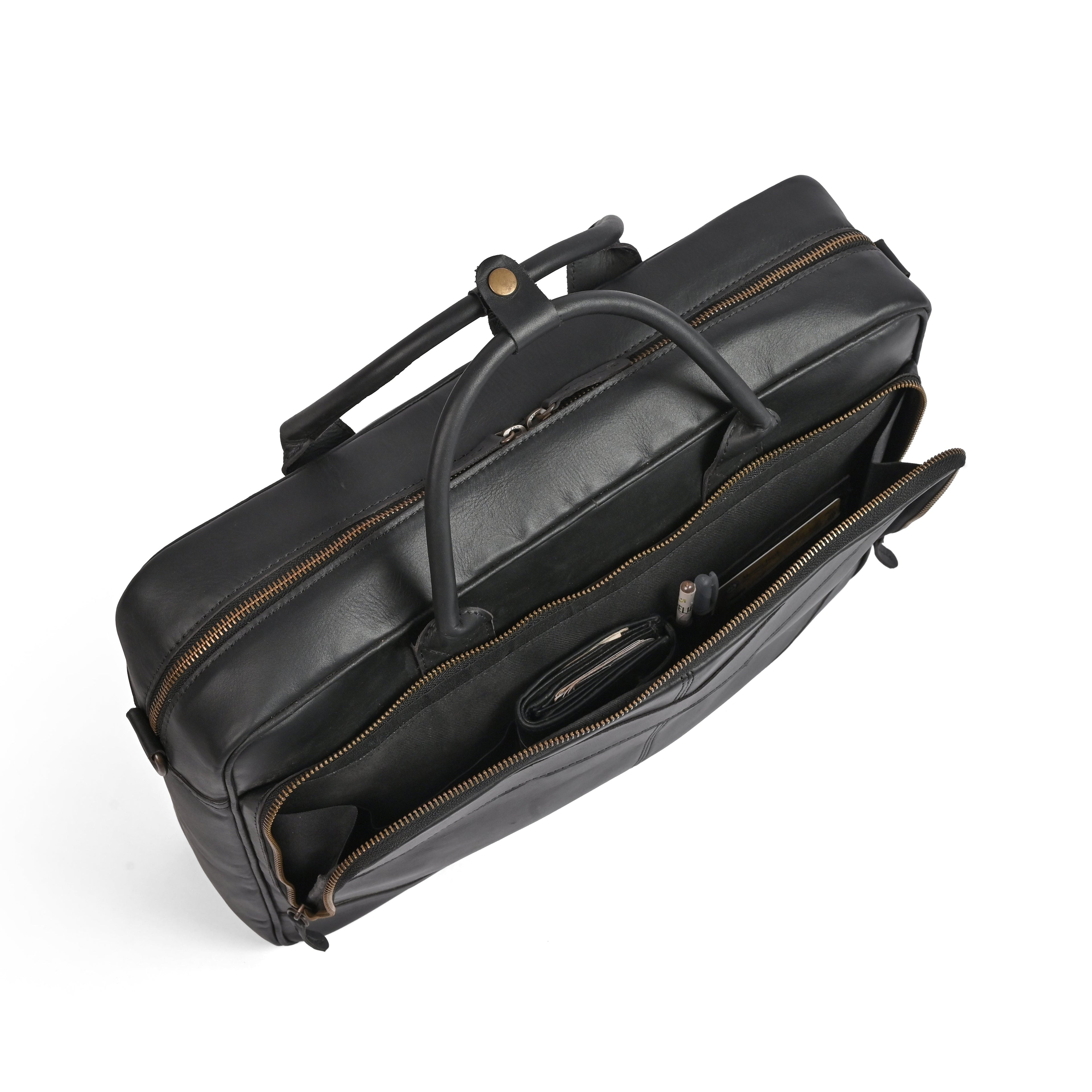 Black leather laptop bag in premium cowhide, fits 14, 15 and 16 inch laptops, elegant professional design