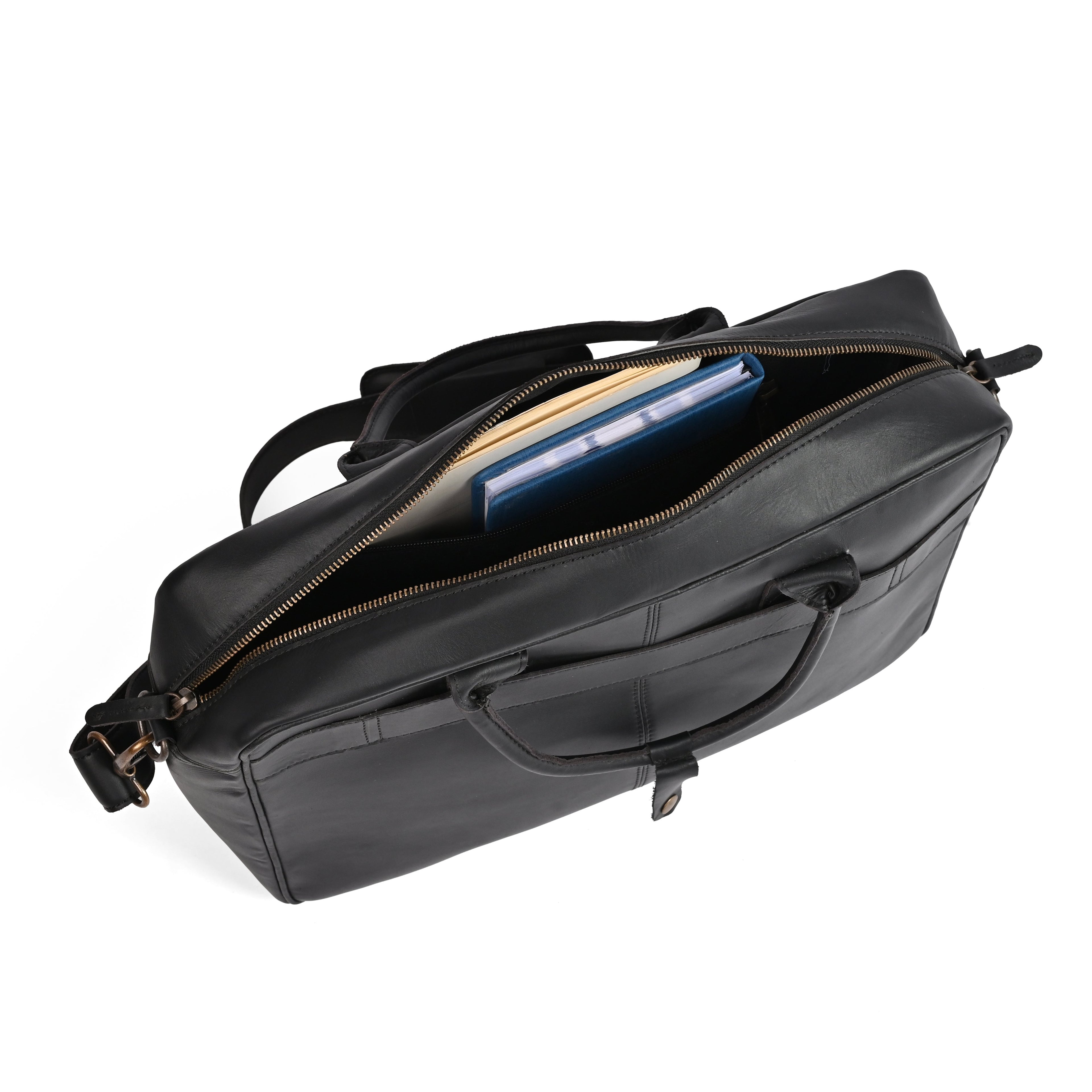 Black leather laptop bag in premium cowhide, fits 14, 15 and 16 inch laptops, elegant professional design