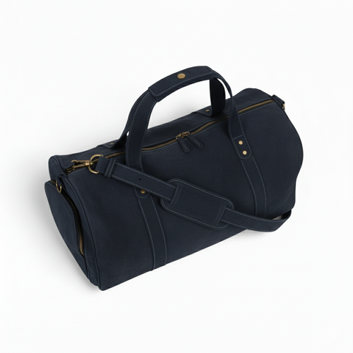 Navy Leather Duffel Bag Premium Travel & Gym Holdall with Shoe Compartment