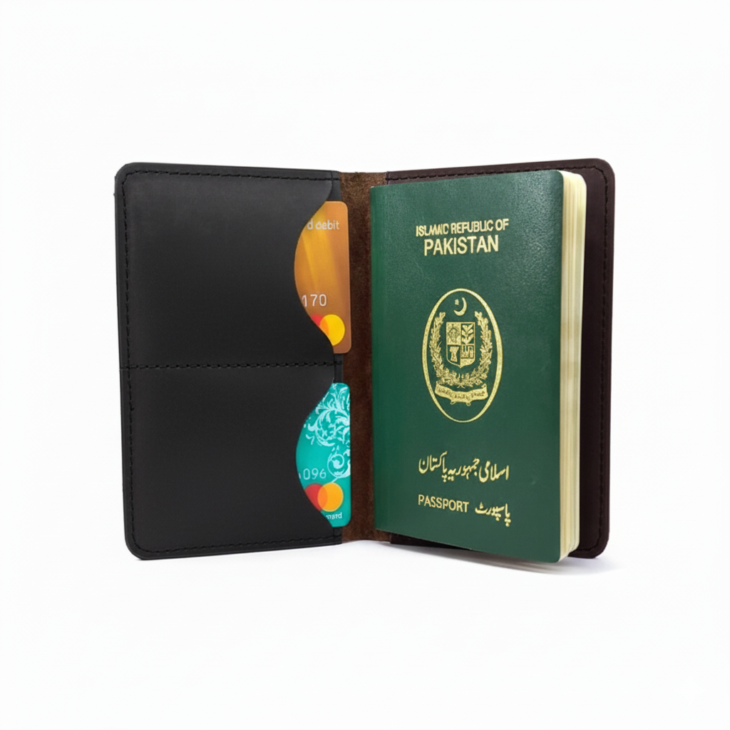 Black Leather Passport Cover | Slim Travel Wallet with Card & Cash Slo
