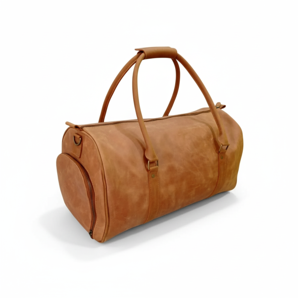 Tan Leather Gym Duffel Bag with Shoe Compartment Premium Travel Holdall