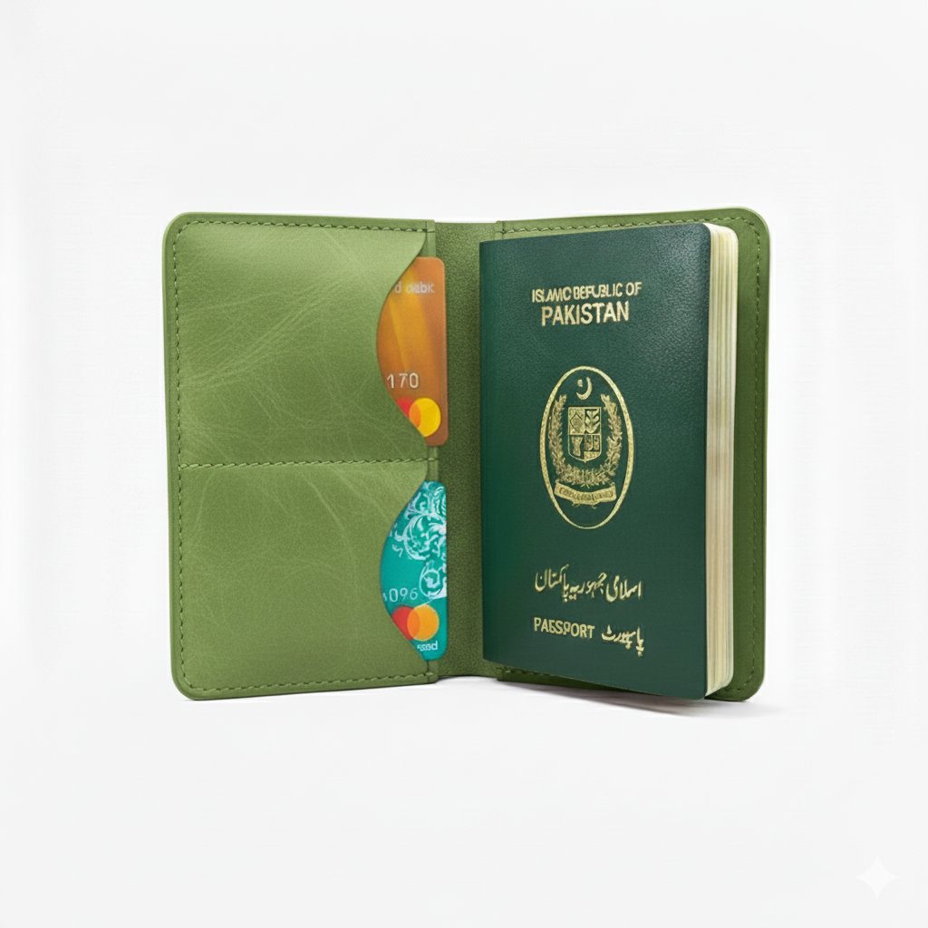 Green Leather Passport Cover | Slim Travel Wallet with Card & Cash Slots
