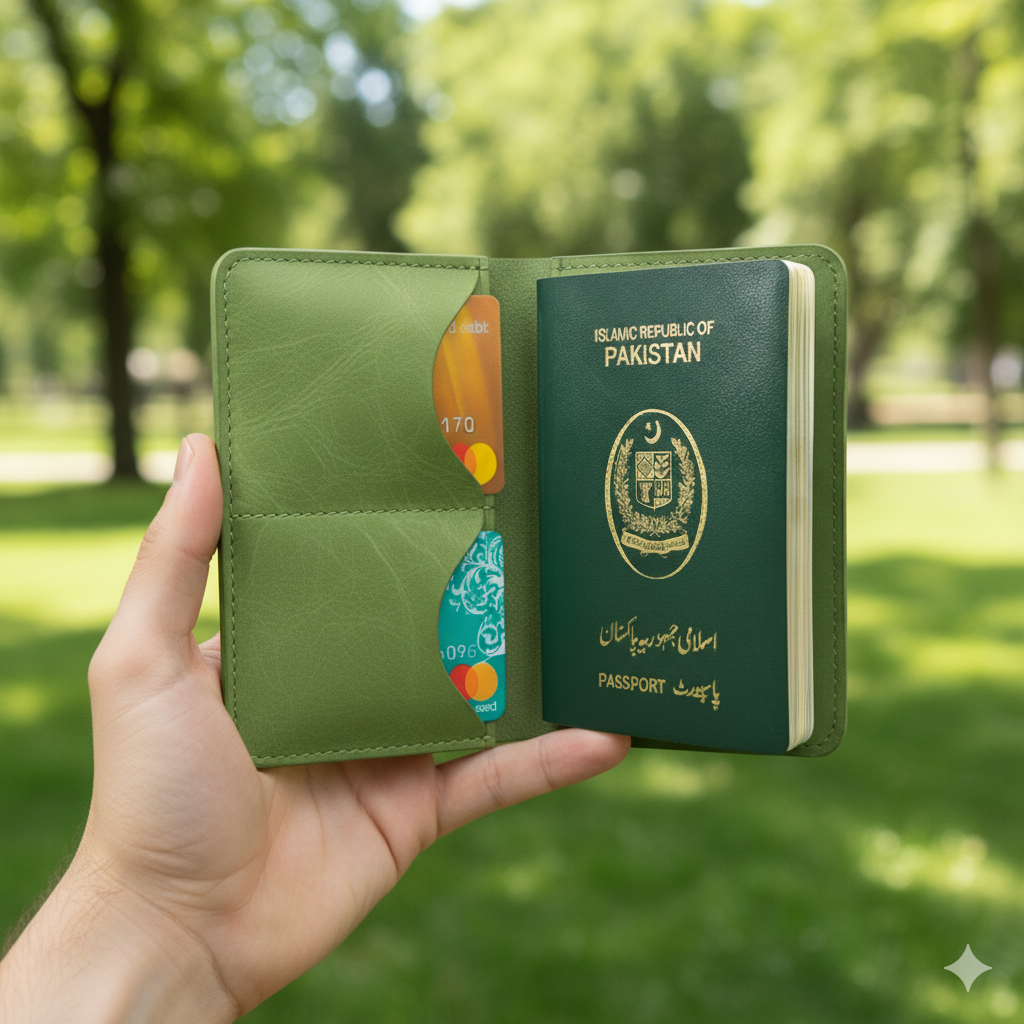 Green Leather Passport Cover | Slim Travel Wallet with Card & Cash Slots