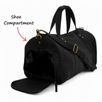 Black leather duffel bag with shoe compartment for travel and gym