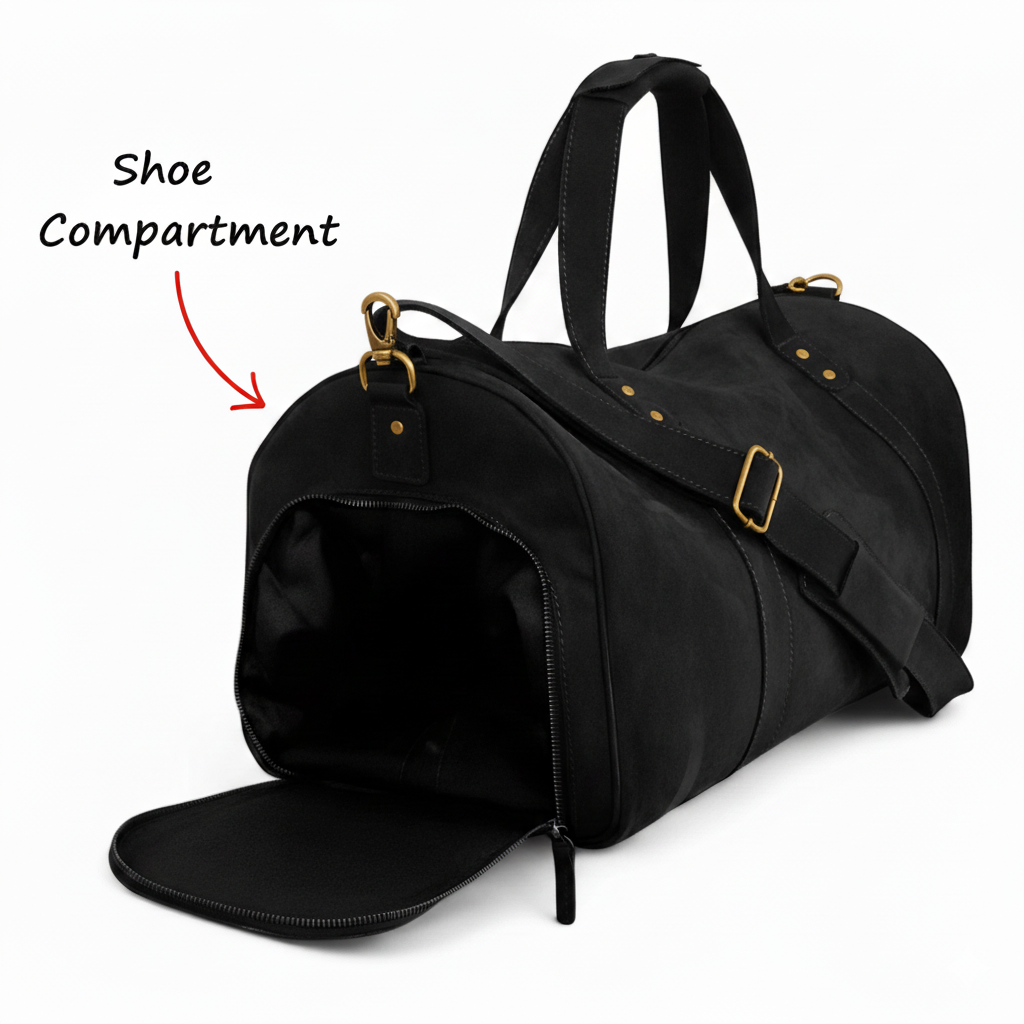 Black Leather Duffel Bag Premium Travel & Gym Holdall with Shoe Compartment