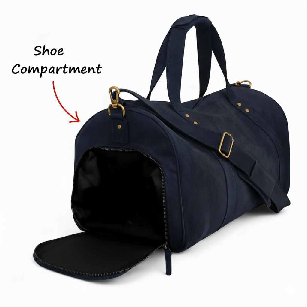 Navy Leather Duffel Bag Premium Travel & Gym Holdall with Shoe Compartment