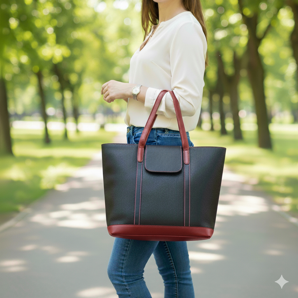 Black & Maroon Leather Tote Bag for Women