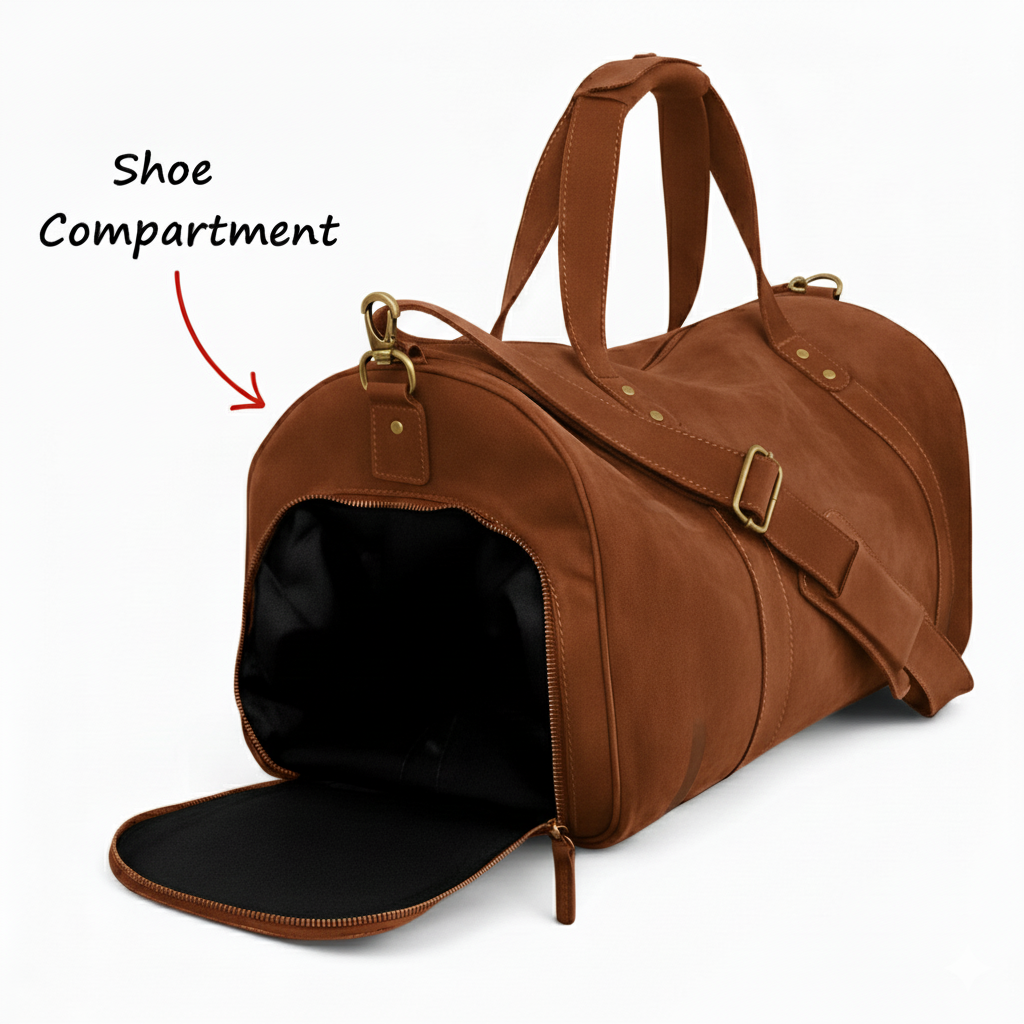 Dark Brown Leather Duffel Bag with Shoe Compartment Premium Holdall