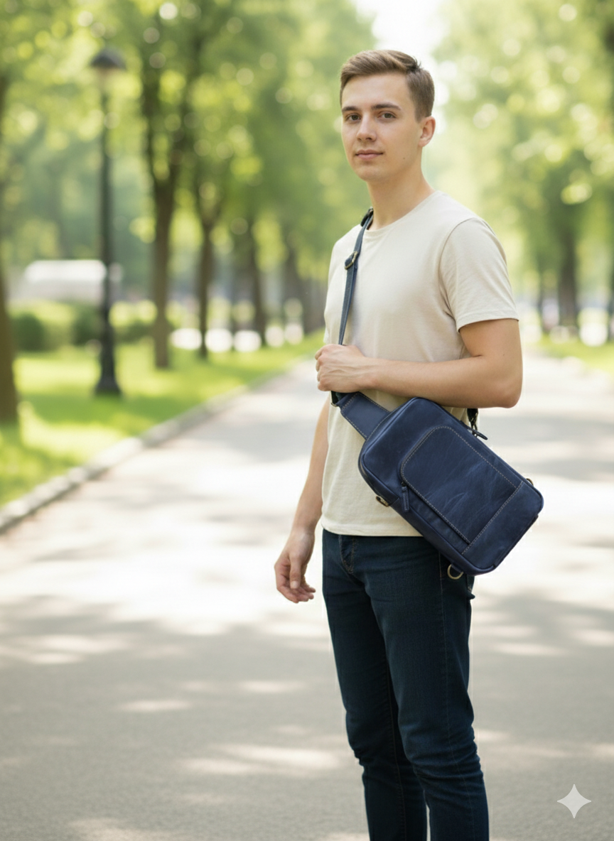 Navy Leather Sling Bag
