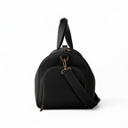 Black leather duffel bag with shoe compartment for travel and gym