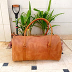 Tan Leather Gym Duffel Bag with Shoe Compartment Premium Travel Holdall