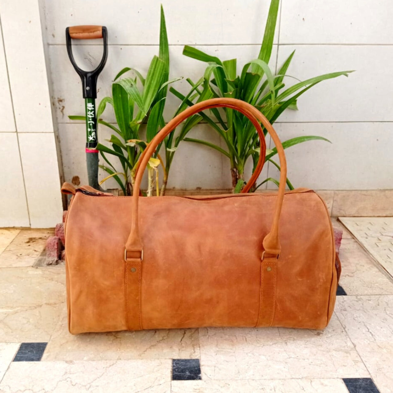 Tan Leather Gym Duffel Bag with Shoe Compartment Premium Travel Holdall