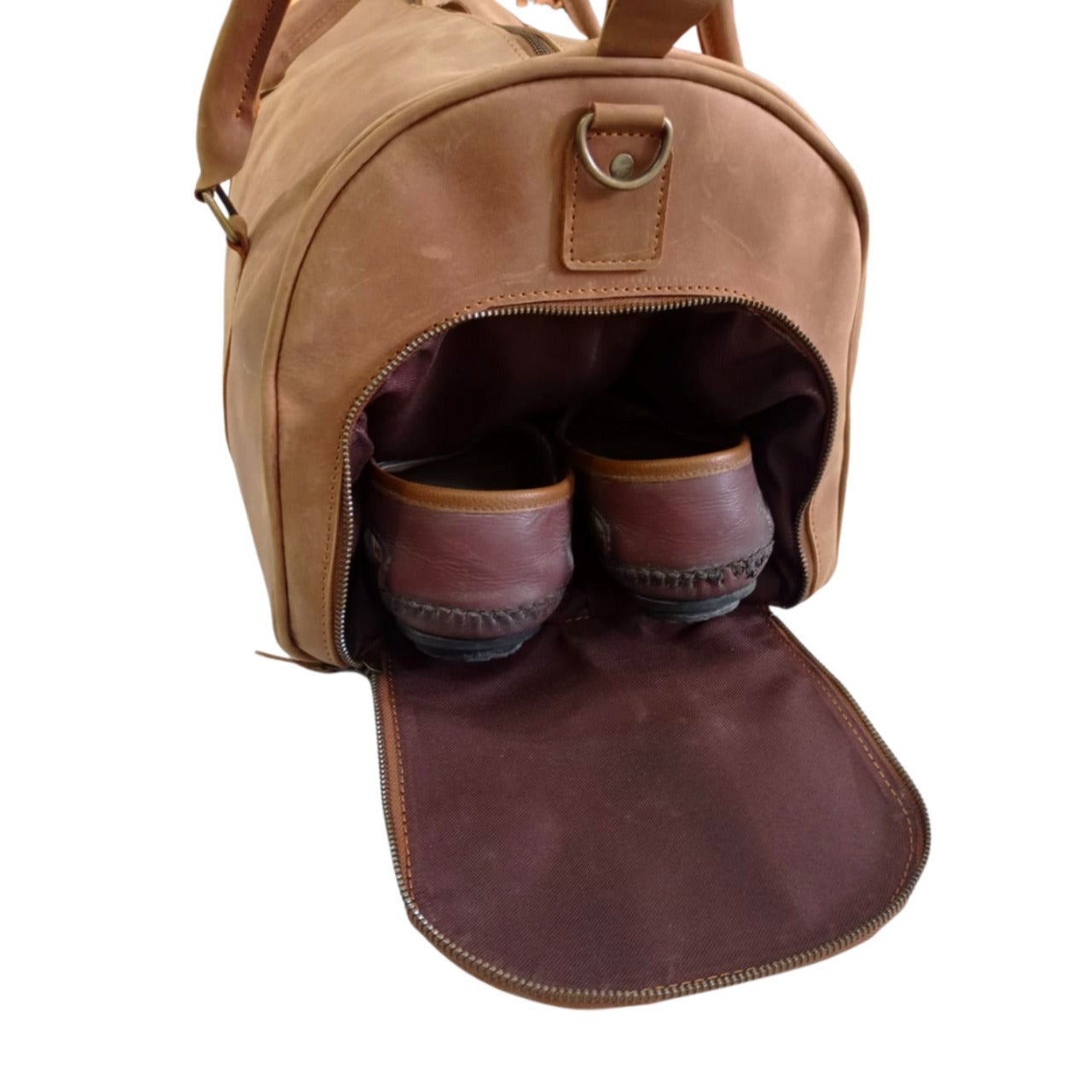 Tan Leather Gym Duffel Bag with Shoe Compartment Premium Travel Holdall
