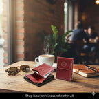 Red Crazy Horse leather card holder with magnetic closure