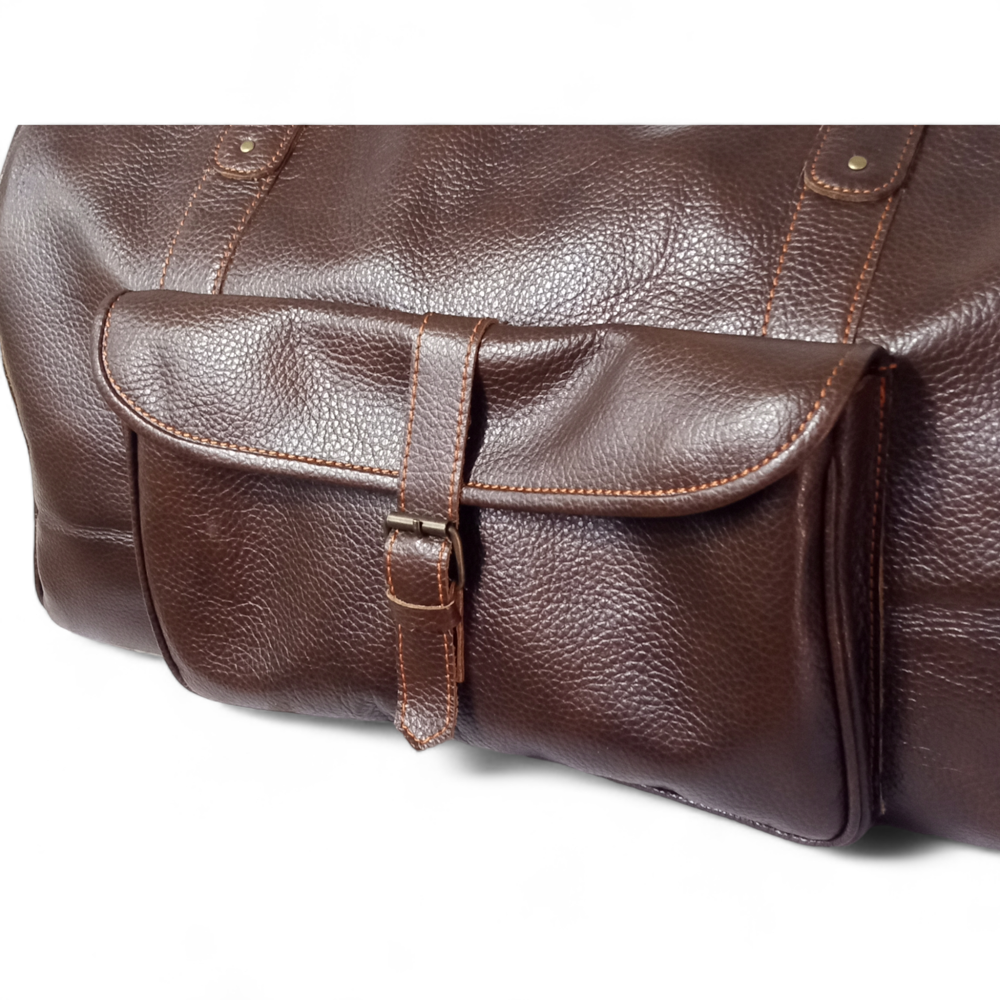 Premium Pebble Grain Leather Duffel Bag Travel & Weekender Bag -Brown
