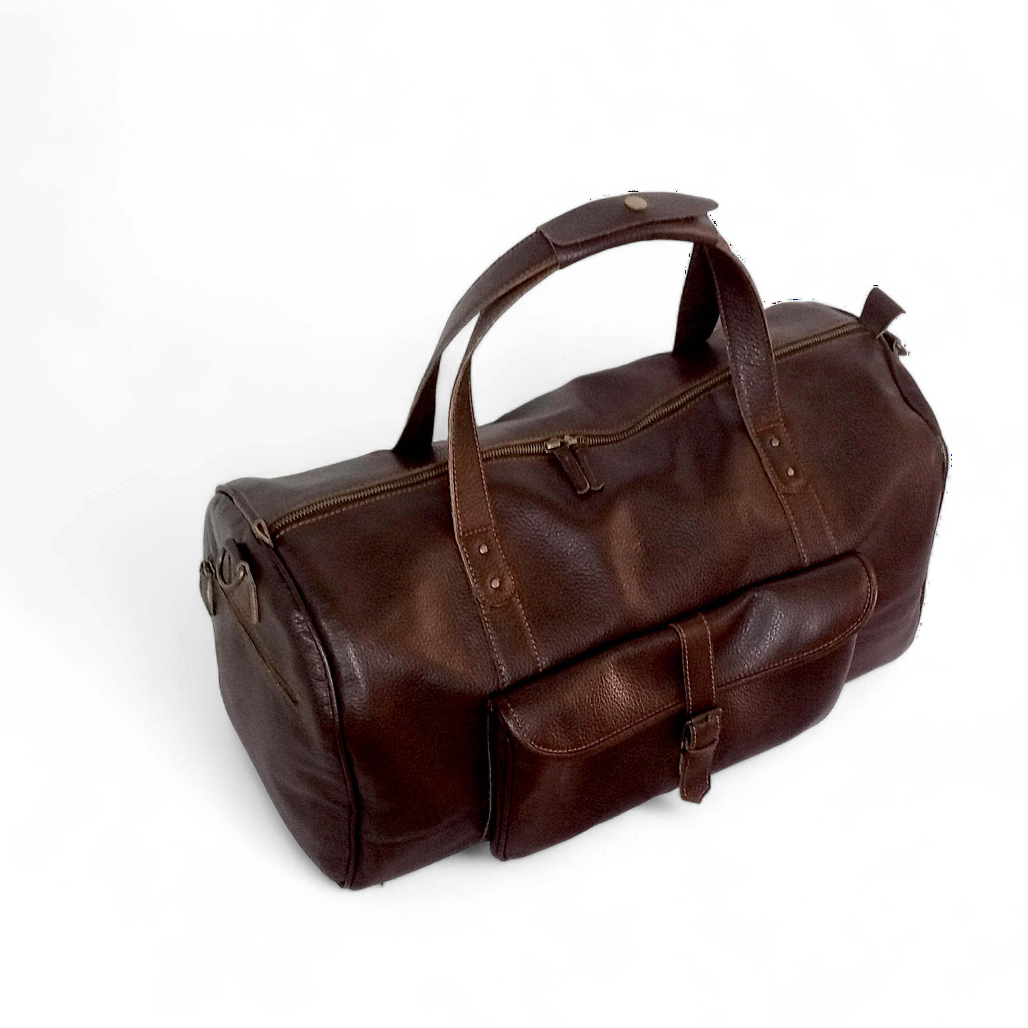 Premium Pebble Grain Leather Duffel Bag Travel & Weekender Bag -Brown