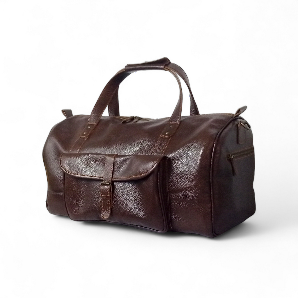 Premium Pebble Grain Leather Duffel Bag Travel & Weekender Bag -Brown