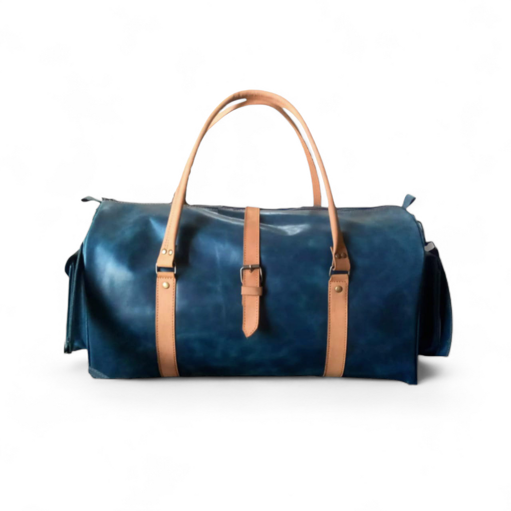 Navy Leather Weekender Duffel Bag Premium Cow Pull-Up Travel Holdall