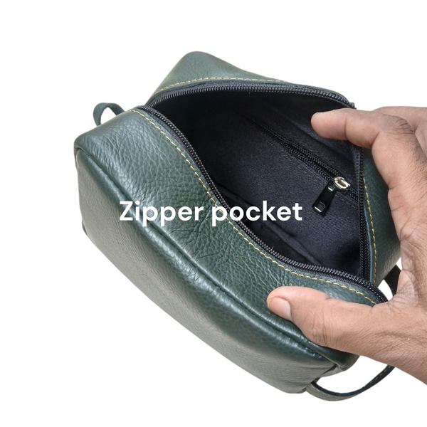 Olive Leather Toiletry Bag - Shaving Kit - Cosmetic Pouch