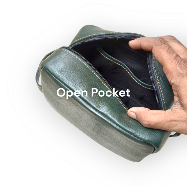 Olive Leather Toiletry Bag - Shaving Kit - Cosmetic Pouch