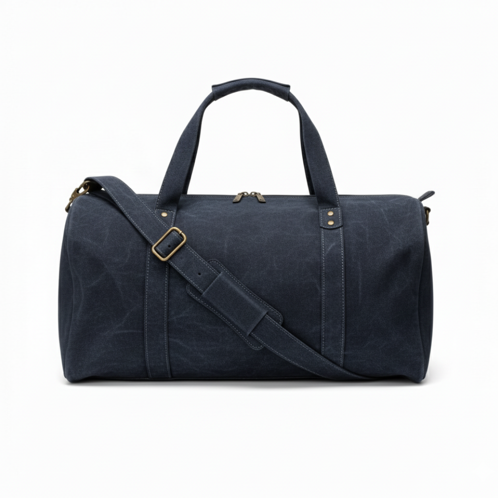 Navy Leather Duffel Bag Premium Travel & Gym Holdall with Shoe Compartment