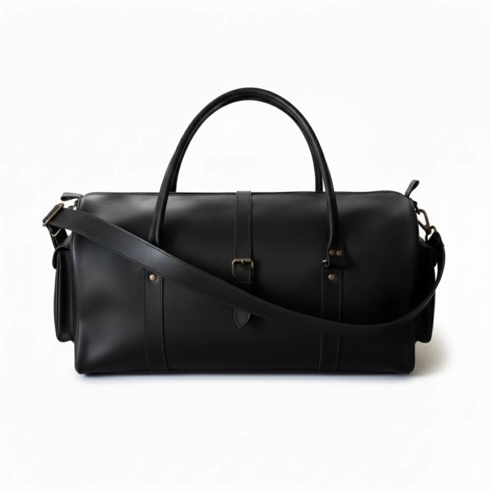 Premium Black Leather Duffel Bag Travel & Weekender Bag