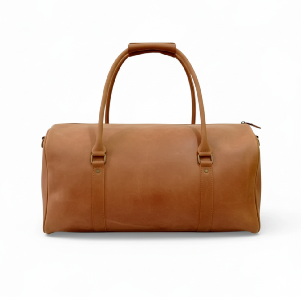 Tan Leather Gym Duffel Bag with Shoe Compartment Premium Travel Holdall