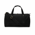 Black leather duffel bag with shoe compartment for travel and gym
