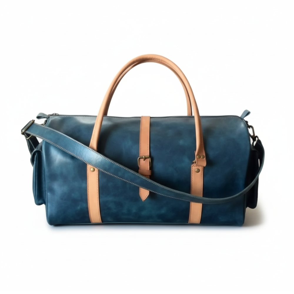 Navy Leather Weekender Duffel Bag Premium Cow Pull-Up Travel Holdall