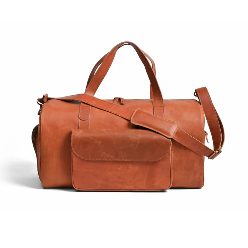 Premium Pull-Up Tan Leather Duffel Weekender Travel Bag