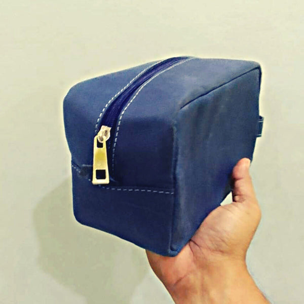 Navy Leather Toiletry Bag - Shaving Kit - Cosmetic Pouch