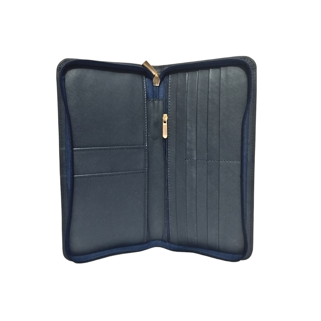 Navy Leather Zipper Travel Wallet