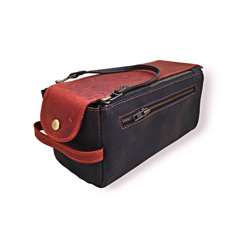 Black & Maroon Leather Toiletry Bag - Dopp Kit