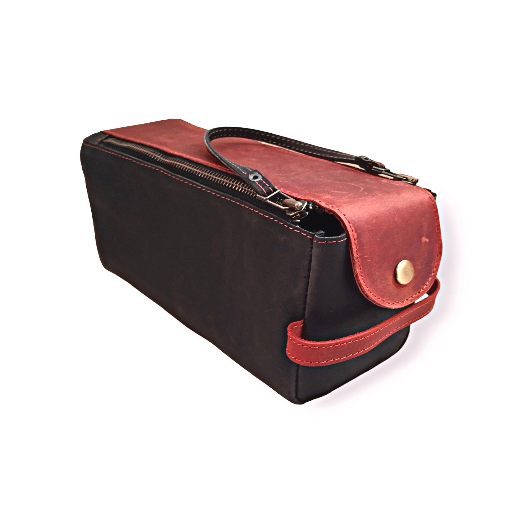 Black & Maroon Leather Toiletry Bag - Dopp Kit