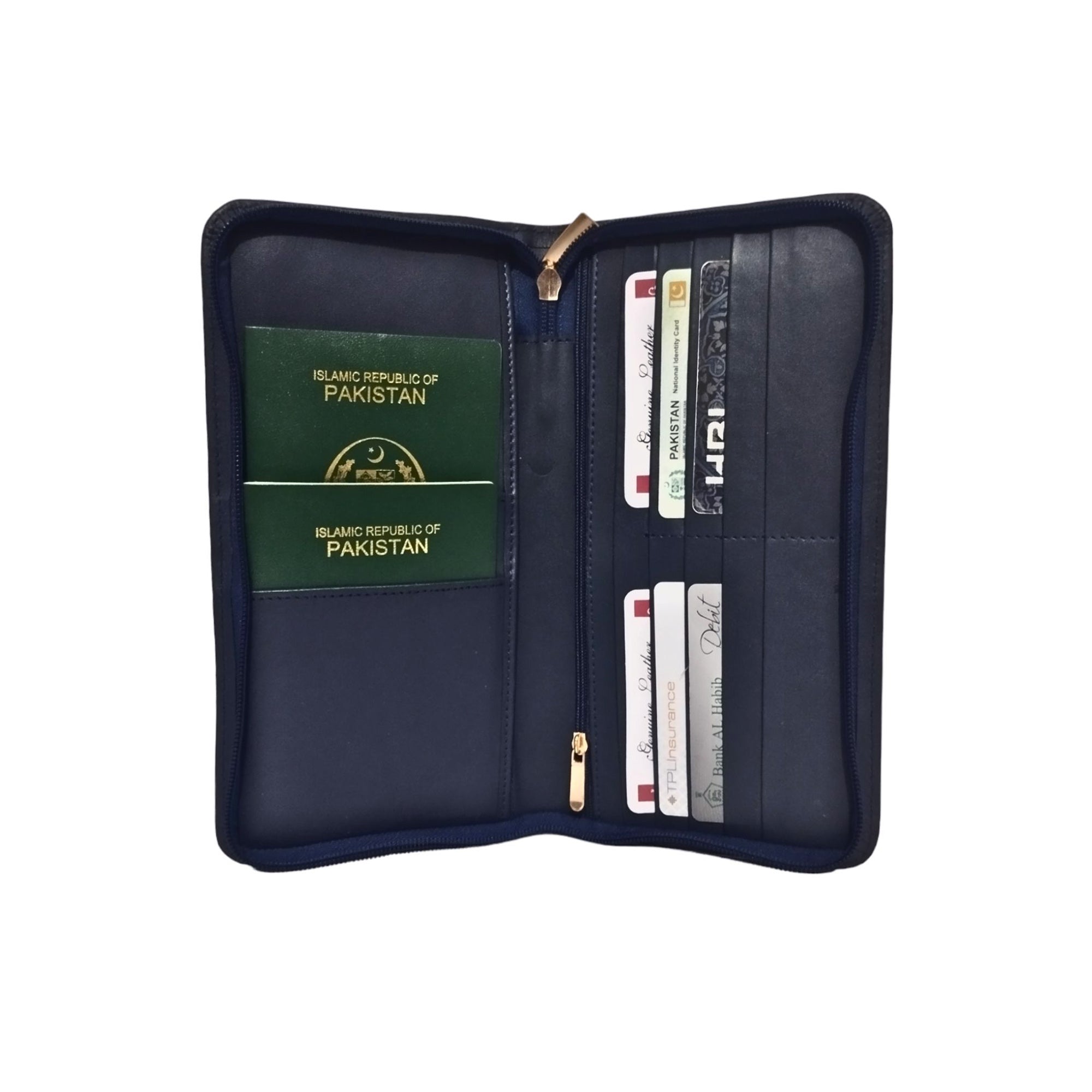 Navy Leather Zipper Travel Wallet