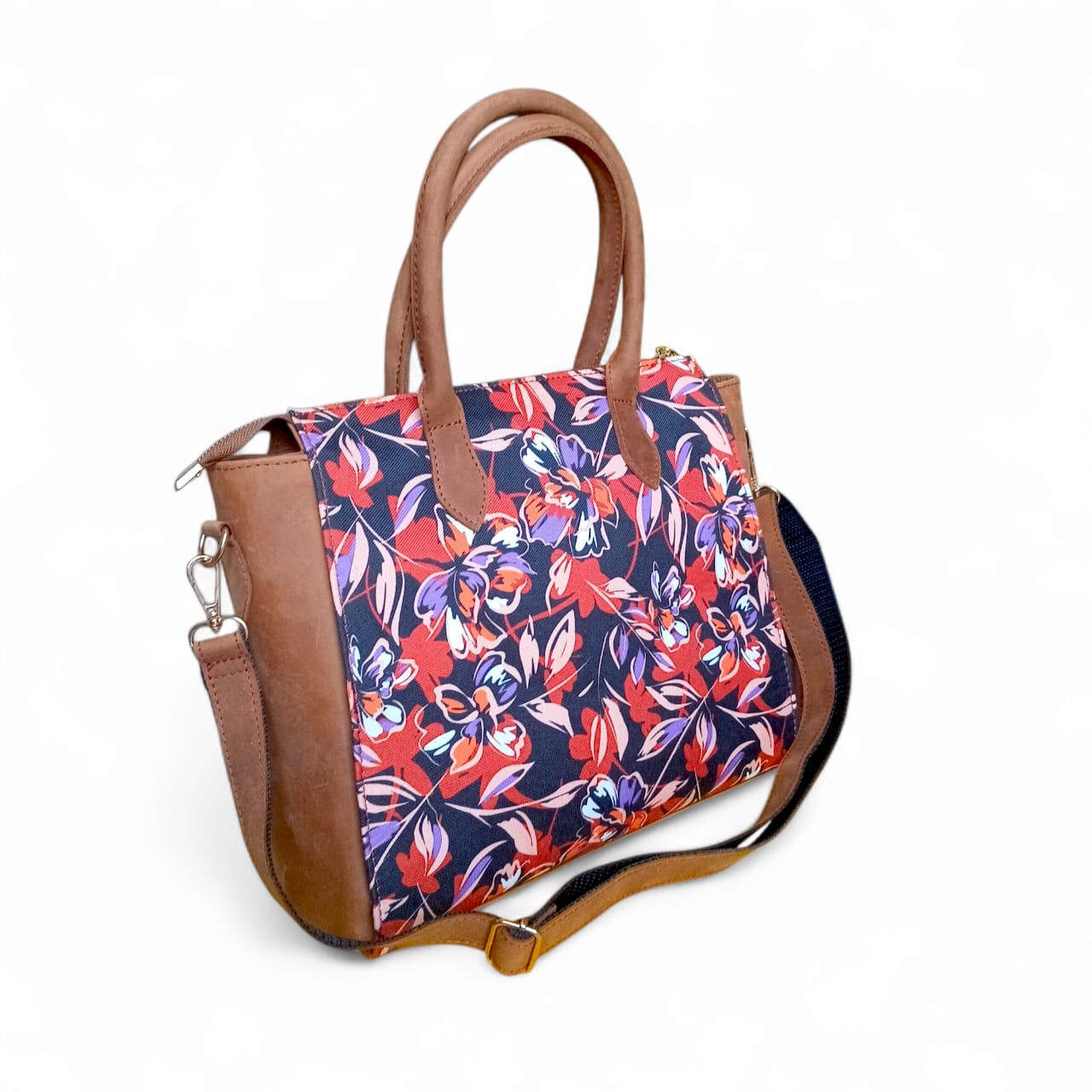Floral Canvas & Leather Tote Bag