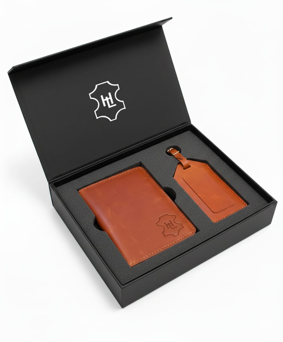 Handmade Leather Passport Cover & Luggage Tag Gift Set- Tan Color