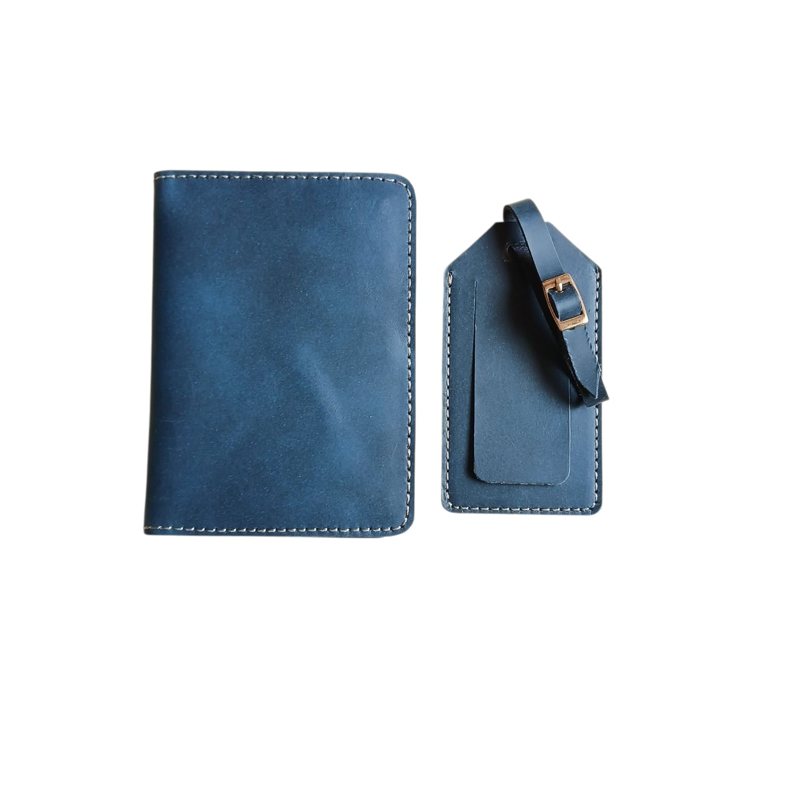 Handmade Leather Passport Cover & Luggage Tag Gift Set- Navy Blue