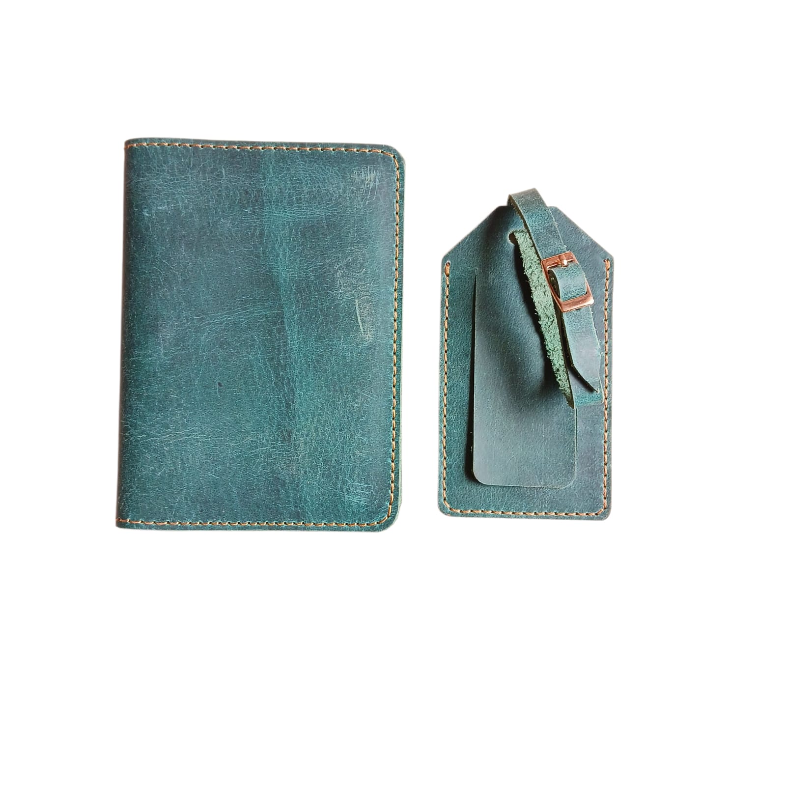 Handmade Leather Passport Cover & Luggage Tag Gift Set- Ocean Green